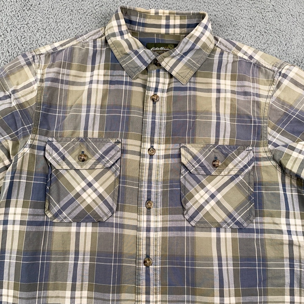 Eddie Bauer Shirt Mens Medium Green Blue Plaid Lightweight Cotton Hiking